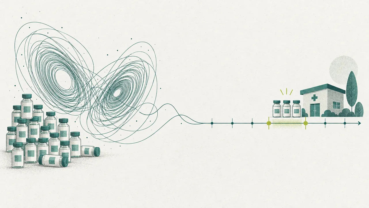 A chaotic Lorenz-like trajectory with idle stock unwinding into a steady timeline where vials reach the site just in time