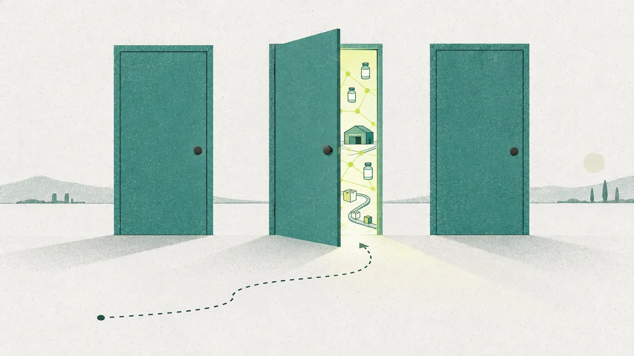 Three doors; behind the one that opens, a clinical supply chain of depots and vials